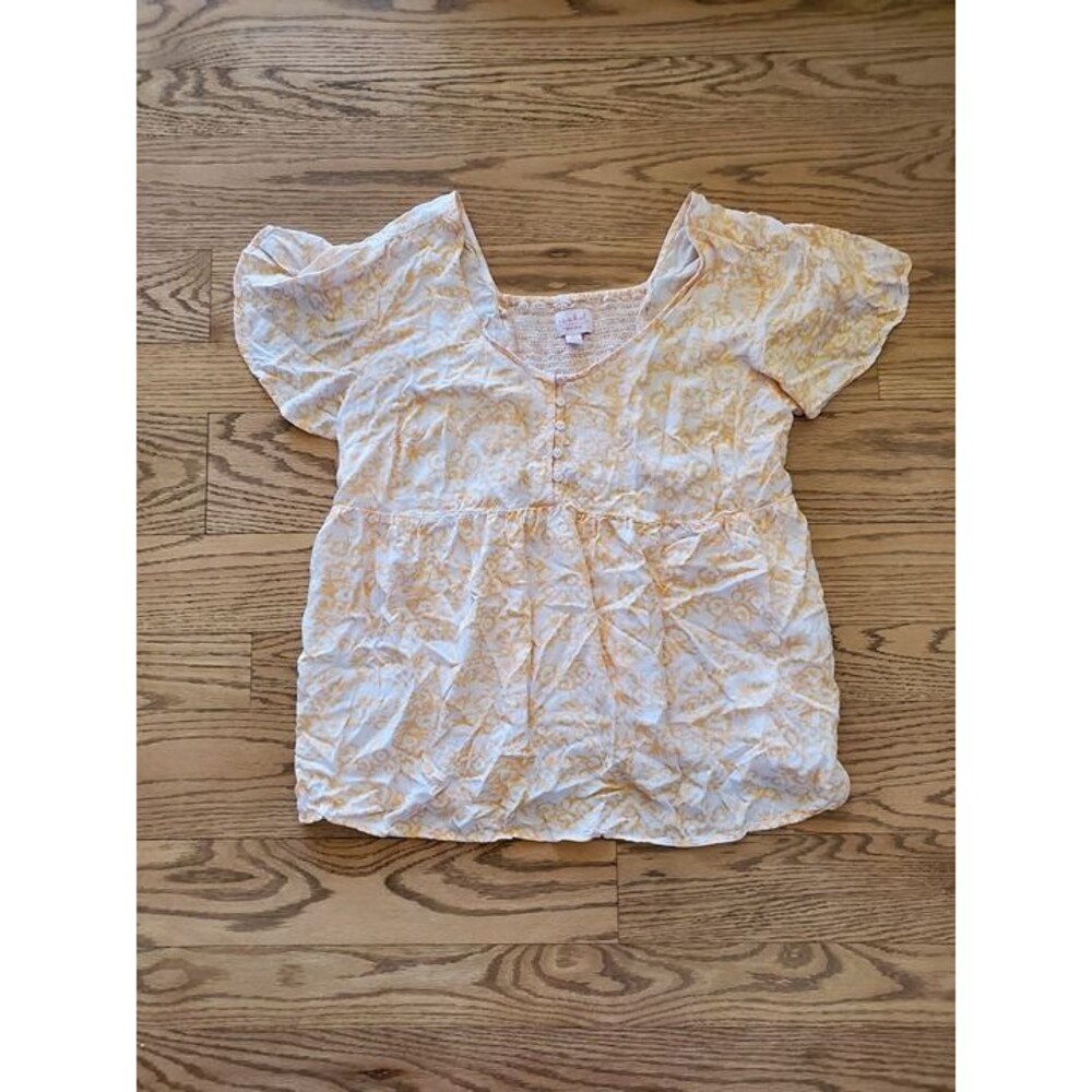 Isabel Maternity XL Yellow Floral Ruffle Sleeve Top Button EUC